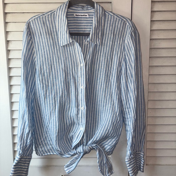 Reformation Anzio Striped Linen Button-Down Shirt Women’s Medium - Picture 2 of 5